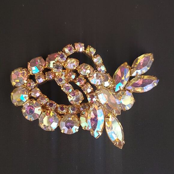 Vintage Statement Brooch Gold Tone with Aurora‎ Borealis Prong Set Stones Bling - Picture 1 of 14